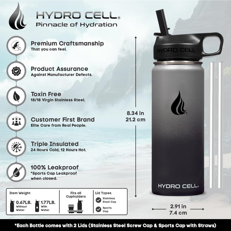 HYDRO CELL Stainless Steel Insulated Water Bottle with Straw - For Cold & Hot Drinks - Metal Vacuum Flask with Screw Cap and Modern Leakproof Sport Thermos for Adults (Graphite/Black 18oz) - Image 2